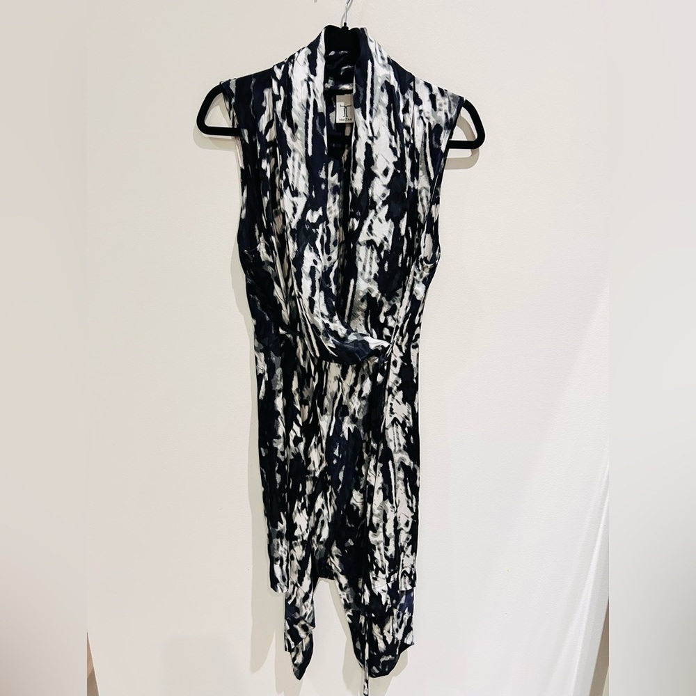 100% Silk Black & White Abstract Print Sleeveless Draped Dress-Size L - Picture 4 of 7